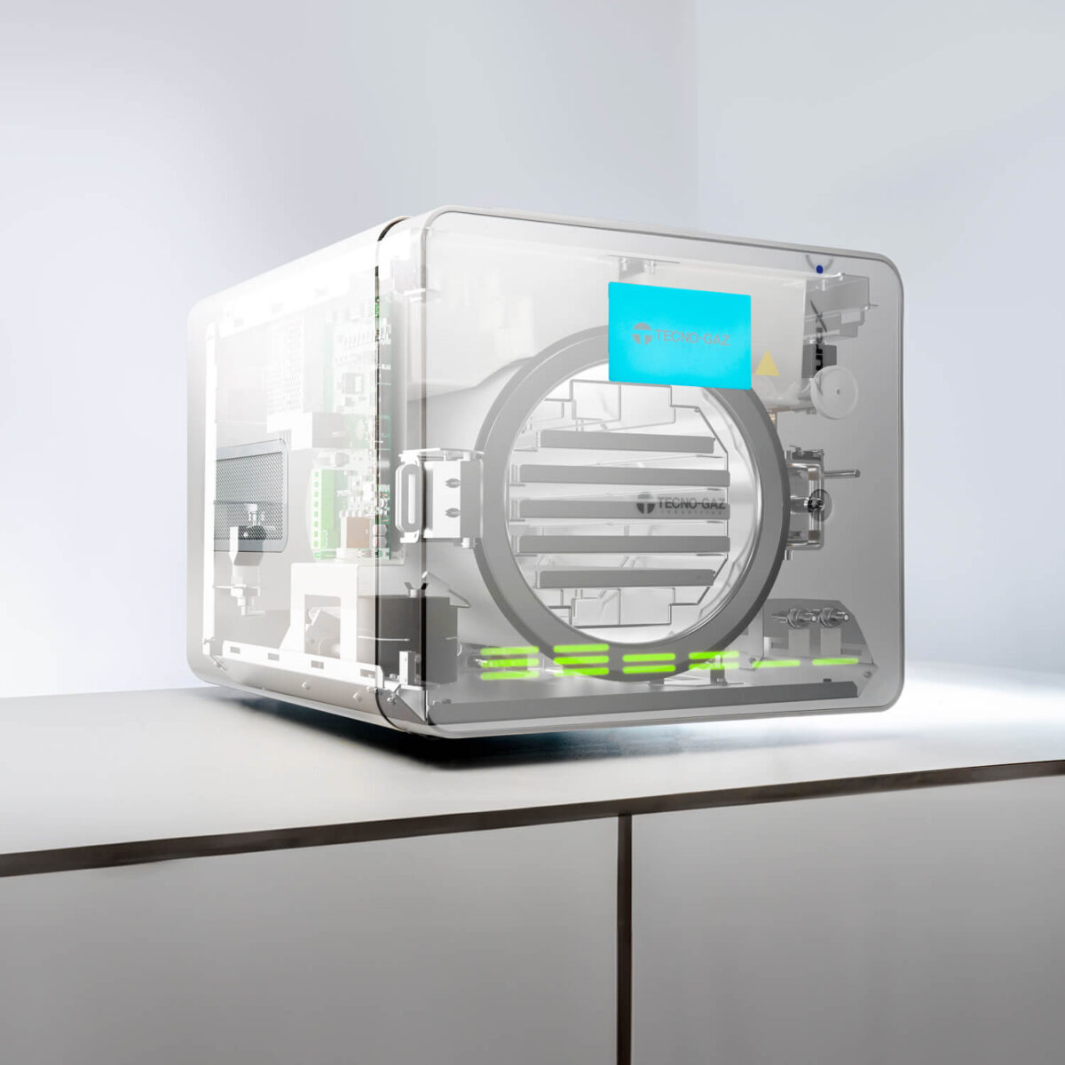 Wizualizacja autoklawu Tecno-Gaz Aura X 22L prezentująca komorę, generator pary i systemy odpowiedzialne za trwałość i niezawodność.