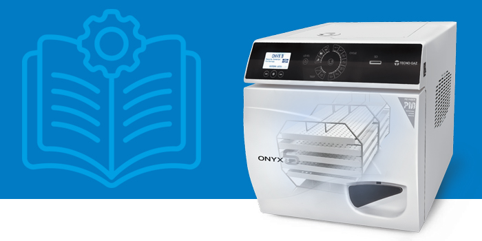 Autoklaw ONYX 6 Tecno-Gaz z widoczną komorą i uchwytem na tace – grafika do instrukcji obsługi